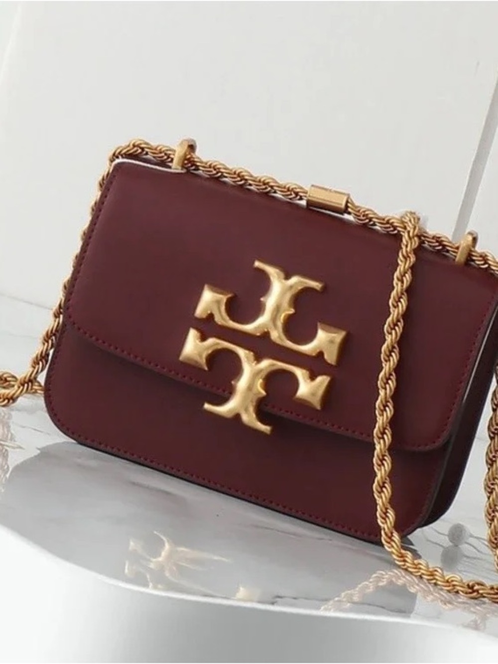 Tory Burch Burgundy Leather Crossbody with Gold Logo & Chain